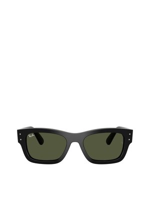 Lunettes de soleil Ray-Ban à monture rectangulaire noire avec des verres verts foncés et de petits rivets argentés aux coins avant de la monture.