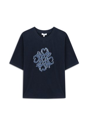 Námořnická modrá bavlněná tričko s volným střihem, s modrým oprýskaným grafickým vzorem ve středu a kulatým výstřihem.