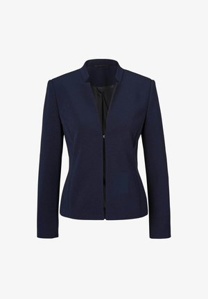 Blazer marine sans col, doté d'une fermeture éclair sur le devant et de manches longues. Fabriqué en tissu lisse, avec une coupe structurée et des lignes épurées.