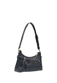 Bolso azul oscuro con acabado texturizado, que cuenta con múltiples bolsillos con cremallera, forma curva y una sola correa de hombro ajustable.