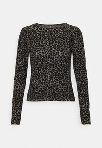 Långärmad topp i mjukt tyg med svart och brunt leopardmönster, rundad halsringning och figurnära design.