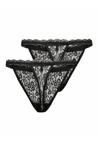 Schwarze Spitzenstringunterwäsche mit floralem Muster. Verfügt über gewellte Kanten und einen glatten Bund. Zwei Teile nebeneinander angezeigt.