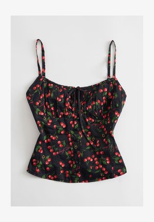 Zwart cropped topje met spaghetti bandjes, rode kersenprint en een strikdetail aan de voorkant.