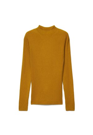 Pull en maille côtelée jaune moutarde à manches longues avec un col rond haut, présenté à plat sur un fond blanc.