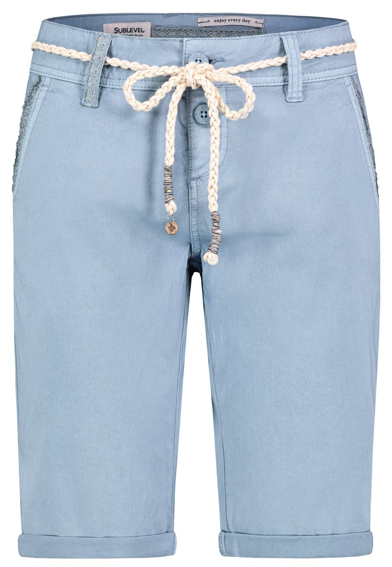 Sublevel Bermuda Donna In Denim Elasticizzato, Cargo Con Risvolto E Cintura Intrecciata, Look Usato - 4