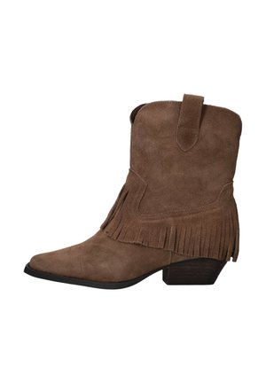 Bruine suède cowboylaars tot halverwege de kuit met franjes, afgeronde neus, aantreklus en lage houten blokhak.