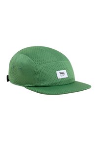 Gorra verde hecha de material perforado, con un ala plana y un parche del logo de Vans en la parte frontal. Superficie texturizada con la parte superior redondeada.