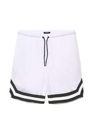Shorts sportivi in mesh bianco con bordo a righe nere e bianche all'orlo e coulisse nera in vita elastica.
