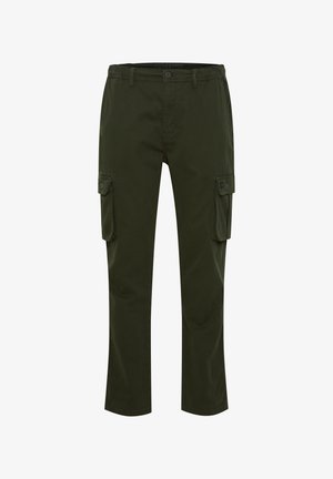 Tumed rohelised cargo-püksid, millel on kaks esist taskut ja kaks külgtaskut nuppudega. Valmistatud puuvilla segukangast.