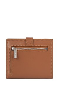 Portafoglio in pelle marrone con tasca con zip, bordi cuciti e un design rettangolare semplice con uno slot per schede frontale.