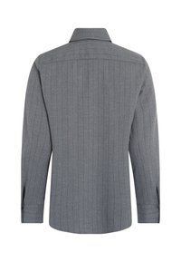 Graues Langarmshirt mit vertikalen Streifen, ausgestattet mit einem klassischen Kragen und seitlichen Schlitzen an den Bündchen für eine taillierte Passform.