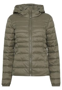 Oliwkowa kurtka puchowa z zamkiem z przodu, regulowanym kapturem i pikowanym wzorem; posiada elastyczne mankiety oraz gładki, wodoodporny materiał.
