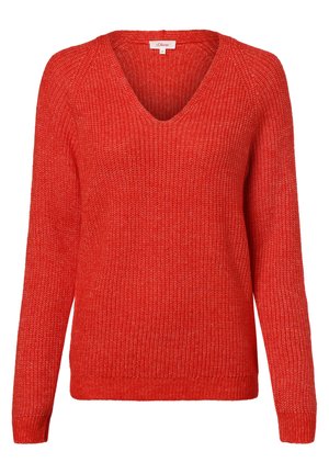 Roter Strickpullover mit V-Ausschnitt, langen Ärmeln und gerippten Bündchen. Verfügt über ein strukturiertes Muster für zusätzlichen visuellen Reiz.