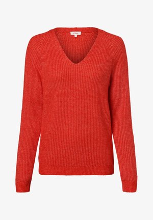 Roter Strickpullover mit V-Ausschnitt, langen Ärmeln und gerippten Bündchen. Verfügt über ein strukturiertes Muster für zusätzlichen visuellen Reiz.