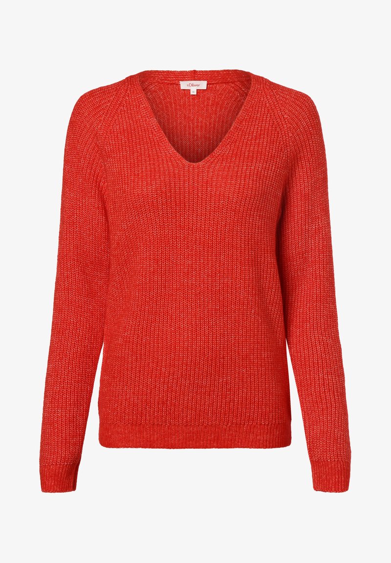 Rode gebreide trui met V-hals, lange mouwen en geribde boorden. Heeft een textuurpatroon voor extra visuele interesse.
