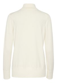 Maglione a maniche lunghe di colore crema con orlo e polsini a costine, mostrato da dietro con un alto colletto ripiegato.