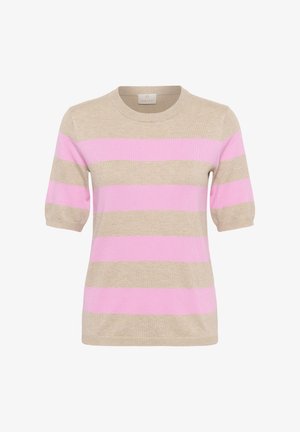 Top tricotat cu dungi orizontale bej și roz, cu mâneci scurte, guler rotund și manșete strânse la mâneci.