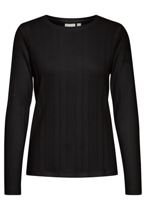 Top negru cu mânecă lungă, cu o textură canelată, guler rotund și croială ajustată. Țesătura pare netedă și ușoară, potrivită pentru suprapunere.