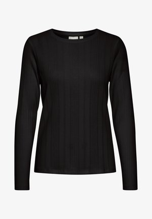 Top negro de manga larga con textura acanalada, cuello redondo y corte ajustado. La tela parece suave y ligera, adecuada para superponer.