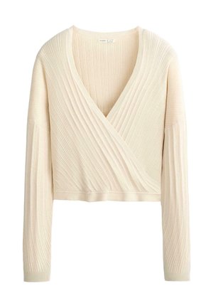 Kremasto obarvan pulover z dolgimi rokavi v ribastem pletenem kroju, ovitega sloga, s globokim V-izrezom in mehko teksturo.