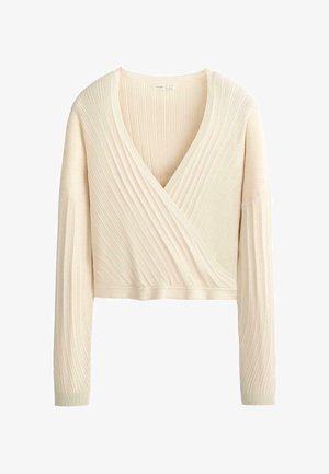 Kremasto obarvan pulover z dolgimi rokavi v ribastem pletenem kroju, ovitega sloga, s globokim V-izrezom in mehko teksturo.