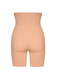 Shorts modellanti beige a vita alta con un'apertura all'inguine, progettati per levigare la vita, i fianchi e le cosce.