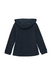 Marineblaue Kapuzenjacke, hergestellt aus einer weichen Baumwollmischung, mit langen Ärmeln, einer Kängurutasche und gerippten Bündchen und Saum.