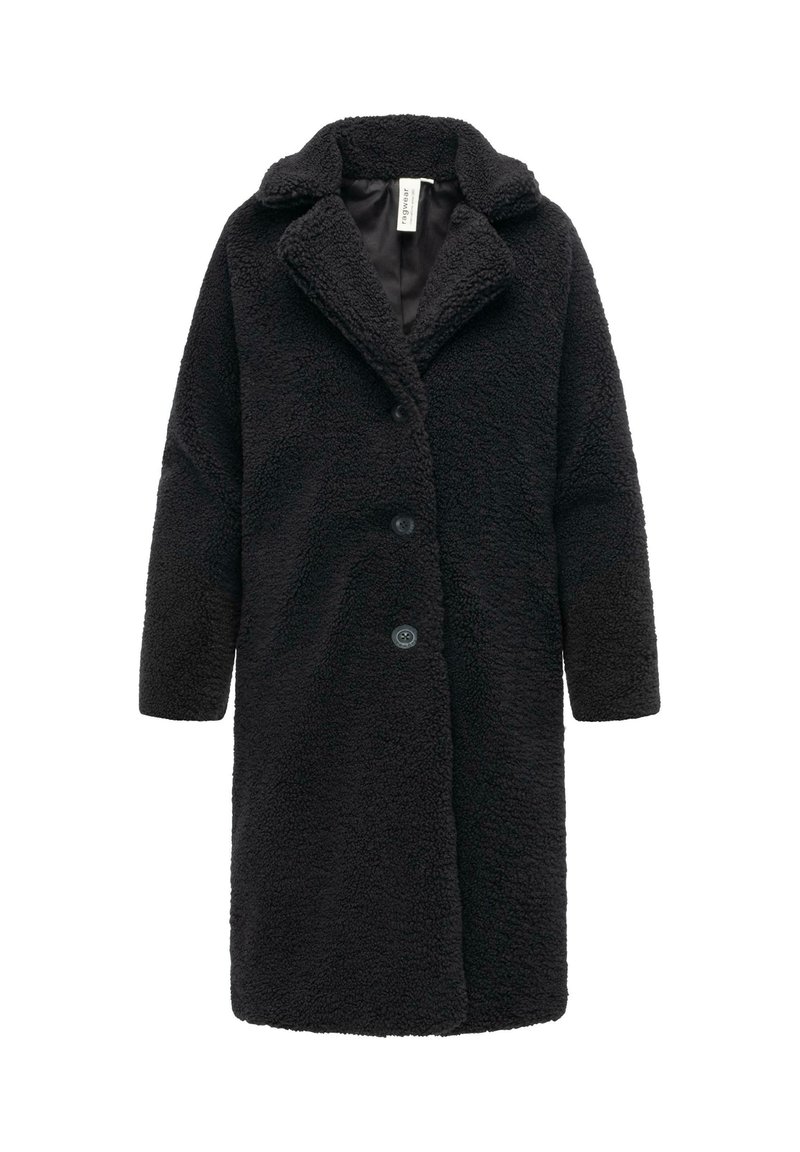 Svart teddyjacka gjord av texturerat, plyschmaterial. Har en snodd krage, frontknappar och långa ärmar för extra värme.