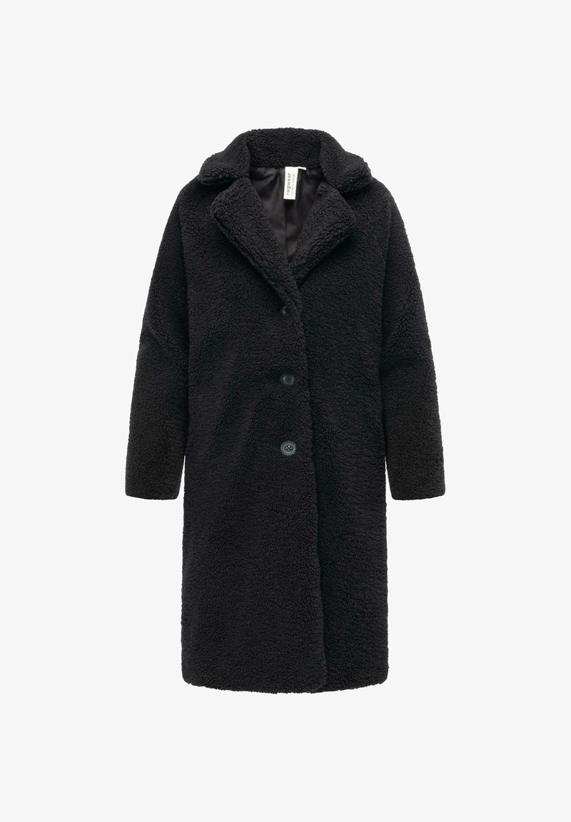 Black teddy coat made of textured, plush material. Features a notched collar, front buttons, and long sleeves for added warmth.