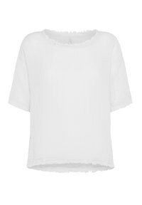 Top bianco a maniche corte con una vestibilità rilassata, realizzato in un tessuto testurizzato. Presenta un collo e un orlo a taglio vivo per un look informale.
