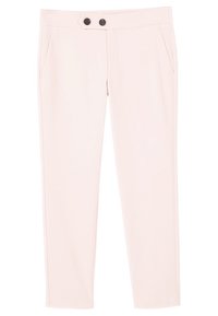 Pantalones ajustados de color rosa claro con dos bolsillos laterales, una textura suave y un cierre de botón que presenta dos botones negros en la cintura.