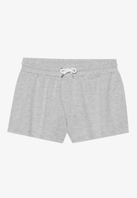 Gray cotton shorts with an elastic waistband, adjustable drawstring, and side pleats; smooth texture; mid-thigh length.