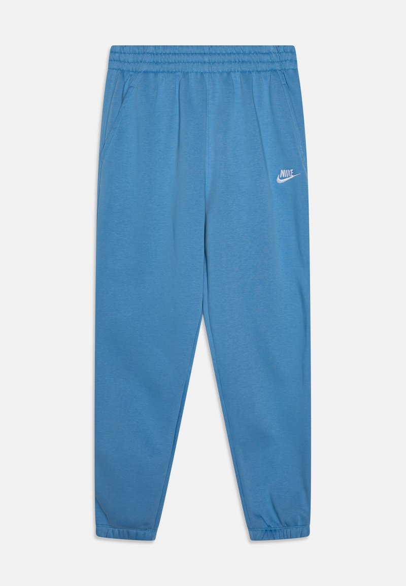 Zilas sporta bikses, izgatavotas no mīksta materiāla, ar elastīgu jostu, sānu kabatām un balto Nike logo uz augšstilba.