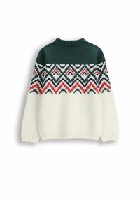 Sweter dziergany z zielonym karczkiem, białym tułowiem i wzorzystym pasem z czerwonymi, zielonymi i granatowymi ukośnymi jodełkami. Ściągacze na mankietach i u dołu.