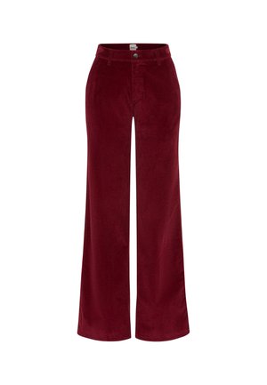 Bordeauxfarbene Cord-Hose mit weitem Bein, Knopfverschluss und Vordertaschen, versehen mit vertikaler Rippstruktur und hohem Taillendesign.