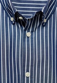 Cămașă bleumarin cu dungi verticale albe, guler cu nasturi, și plachetă cu patru nasturi. Material neted cu o ușoară strălucire. Nasturi simpli.