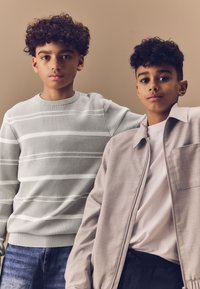 Due ragazzi stanno uno accanto all'altro. Uno indossa un maglione a righe grigie chiare e jeans blu, mentre l'altro ha una giacca con zip beige sopra una maglietta bianca.