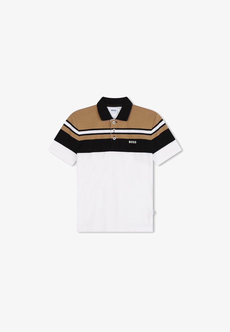 Polo con una fantasia a righe marroni, nere e bianche. Presenta un colletto nero e una pattina con tre bottoni. Logo sul lato sinistro.
