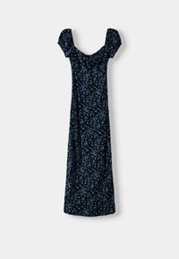 Svart klänning med blommönster i blått, med puffärmar, fyrkantig halsringning och en flödande silhuett.