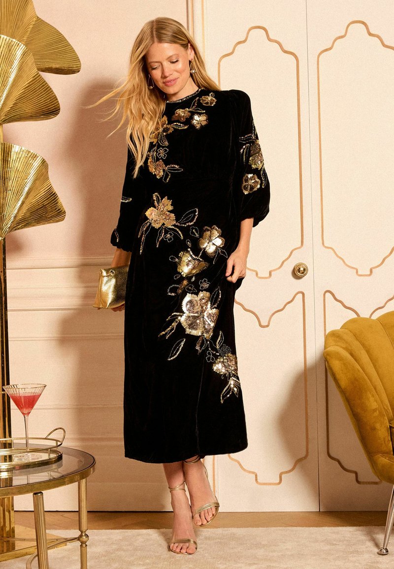 Love & Roses PETITE FIT - VELVET EMBELLISHED MIDI - Occasion wear - black  gold-coloured/black - Zalando