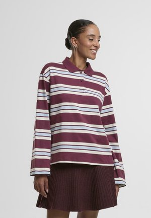 Long-sleeve polo shirt in burgundy with white and light blue stripes, featuring a collar and three-button placket. Soft, casual fabric.