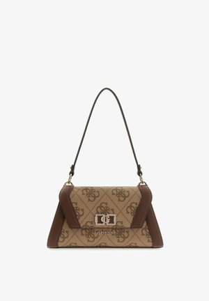 Bolso de hombro Guess marrón y beige con patrón de monograma, acabado en cuero, cierre de tono plateado y una única asa de correa.