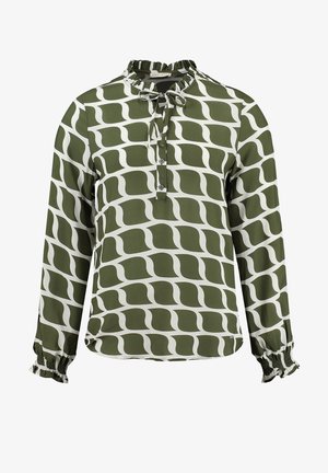 Blouse à manches longues avec motif abstrait de vagues vert olive et blanc, col à volants avec nœud, patte de boutonnage et poignets smockés.