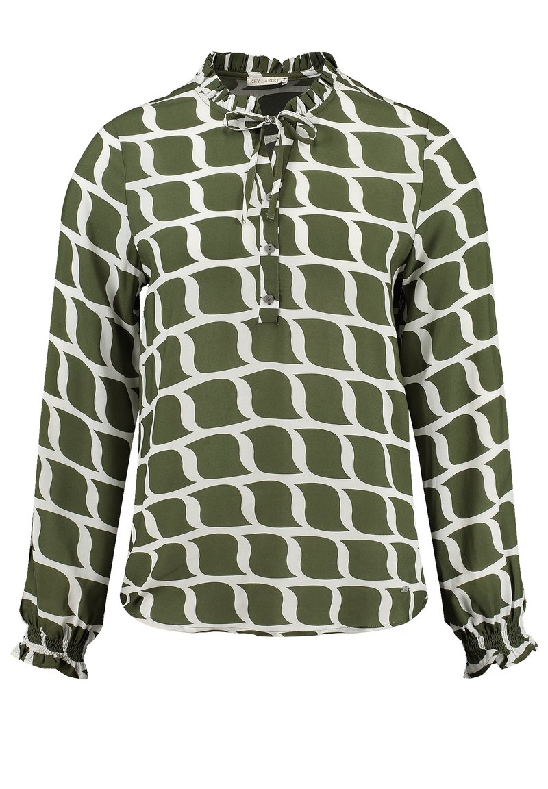 Blouse à manches longues avec motif abstrait de vagues vert olive et blanc, col à volants avec nœud, patte de boutonnage et poignets smockés.