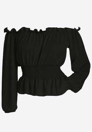 Zwart off-shoulder top met geplooide ruches bij de halslijn, een gesmockte tailleband en één lange mouw. Glad stof met een aansluitend silhouet.