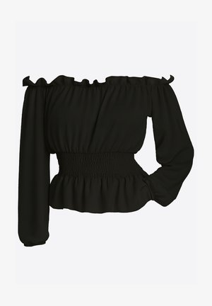 Zwart off-shoulder top met geplooide ruches bij de halslijn, een gesmockte tailleband en één lange mouw. Glad stof met een aansluitend silhouet.