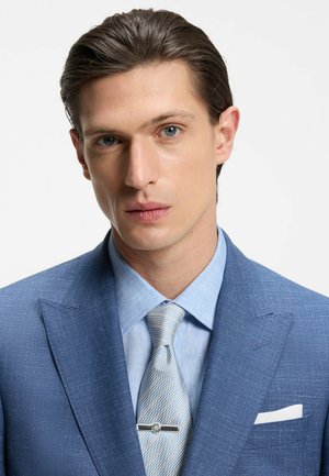 Junger Mann mit nach hinten gekämmtem dunklem Haar, der einen blauen strukturierten Anzug, ein hellblaues Hemd, eine gestreifte Krawatte und ein weißes Einstecktuch vor weißem Hintergrund trägt.