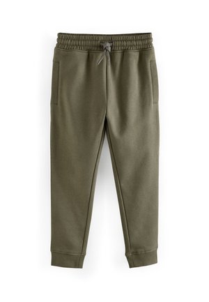 Joggingbukser i olivengrøn med elastisk taljebånd, justerbar snøre, sidelommer og ribbet kant ved anklerne.