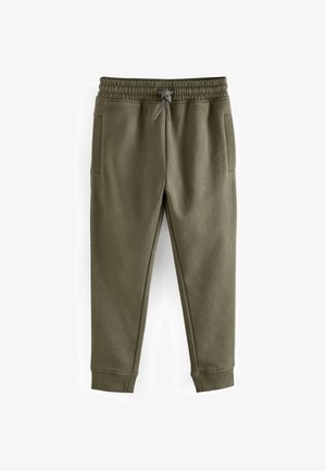 Joggingbukser i olivengrøn med elastisk taljebånd, justerbar snøre, sidelommer og ribbet kant ved anklerne.