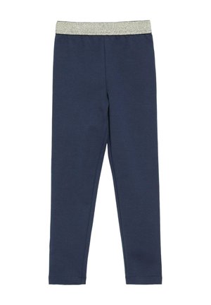 Marineblauwe leggings in volledige lengte met een glanzende zilveren elastische tailleband, weergegeven op een witte achtergrond.